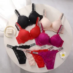 Victoria's Secret Sexy Breathable Gathered Padded New Soft Bra and Panty Set Classic Women's Lingerie Set Lace Trim Pattern