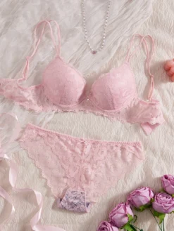 Women's Sexy Lingerie Set Lace Patchwork Solid Color Bowknot Rhinestone Embellished Push-Up Double Shoulder Strap Unlined Comfortable Underwear, Lace Semi-Transparent Breathable Panties