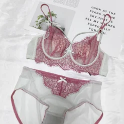 Sexy Hollow Out Lace Lingerie Set,Ultra Thin French Bra,Soft Underwire Support Anti Sag,Gathering Breathable Everyday Ladies